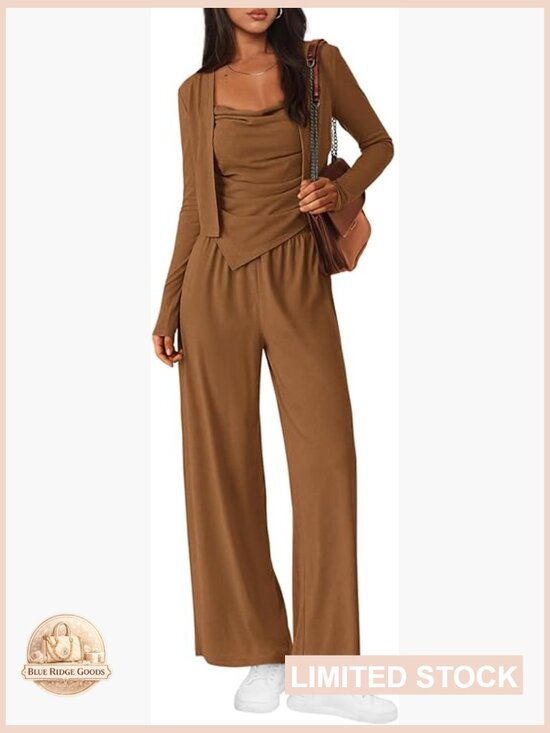 Pants - 3 Piece Lounge Set Tracksuit Cardigan Crop Top Wide Leg Sweatpants